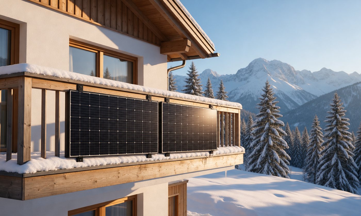 2 Solarmodule quer am Balkongeländer im verschneiten Alpenwinter